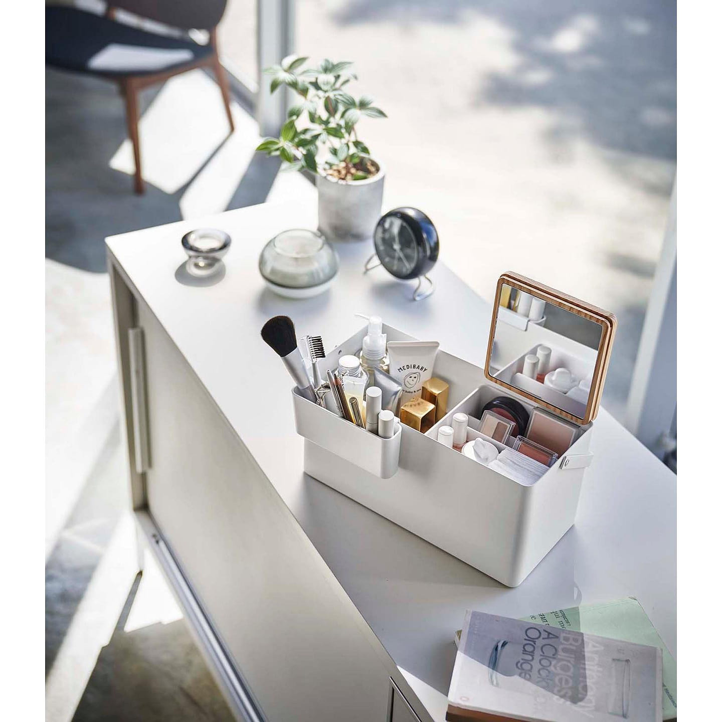 Makeup Organizer with Mirror – Steel + Wood White 1 each