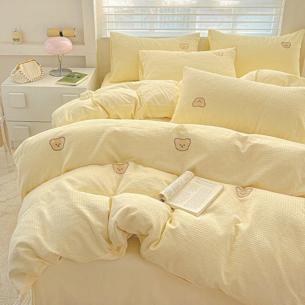 Teddy Waffle Bedding Set(Fitted) Yellow-Queen 2000 g
