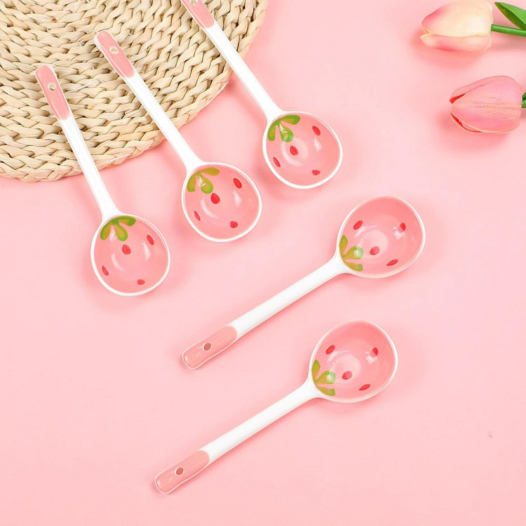 5 Pcs Ceramic Soup Spoons Cute Strawberry Spoons 1 each