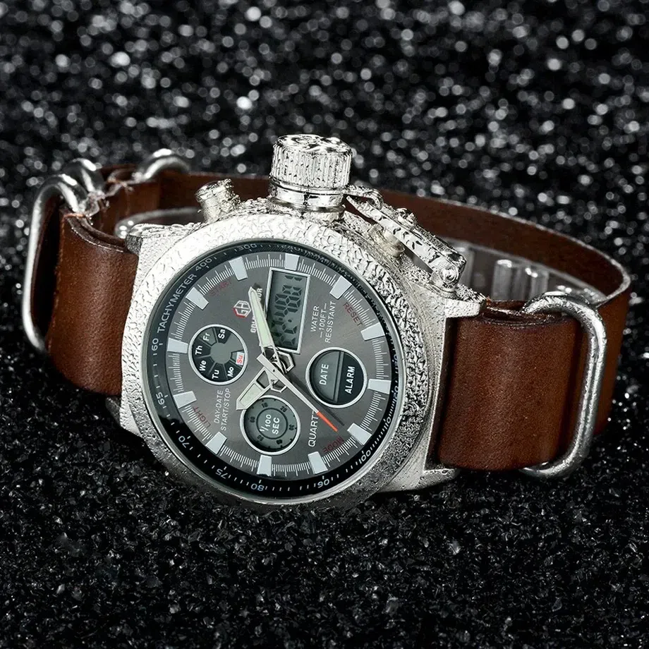Leather Strap Dual Display Quartz Analog Digital M 1 box