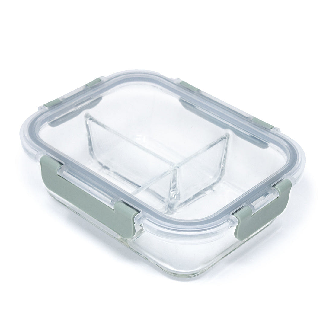 HQ Boroslicate Glass Food Containers / Canister with Grey / Clear Clip On Lid Box with 3 Compartments Airtight 35oz Rectangular Bakeware for Kitchens 1040 ML 1 each