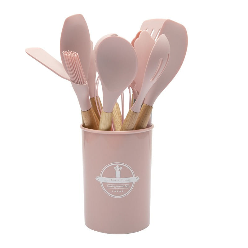 [Cooking Assistant] Wooden Handle Silicone Kitchenware Set 12 Pieces Pink 1 box