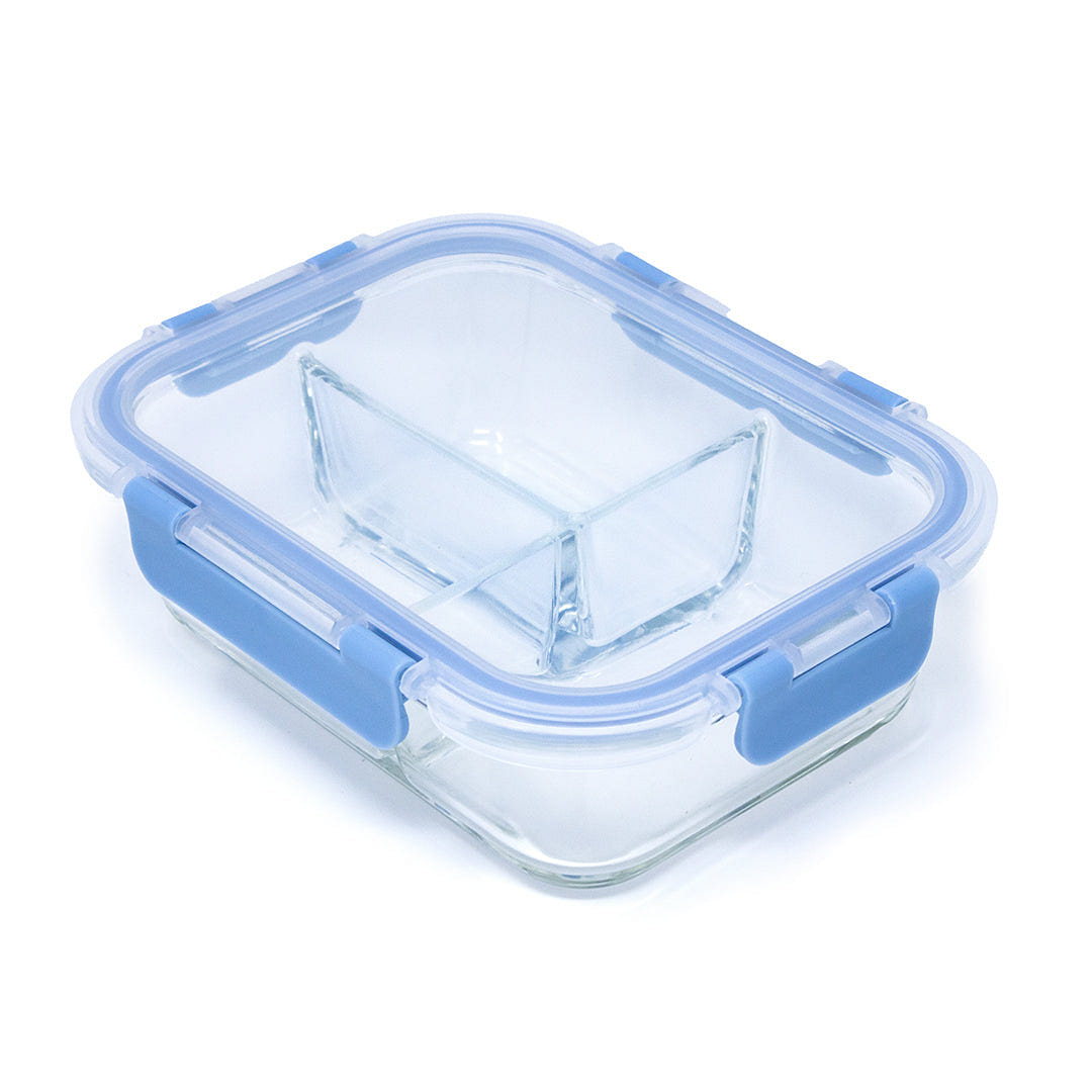 HQ Boroslicate Glass Food Containers / Canister with Blue / Clear Clip On Lid Box with 3 Compartments Airtight 35oz Rectangular Bakeware for Kitchens 1040 ML 1 each