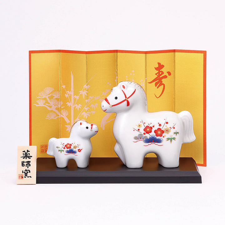 药师窑 瓷器 白祥招福 马年摆件 松竹梅 亲子 1 份