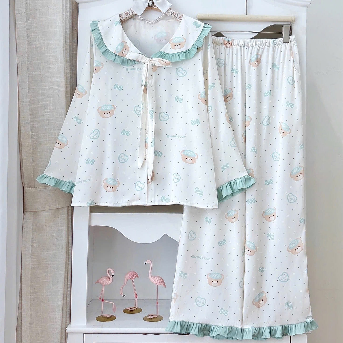 Premium Silk Blue Bear Ruffle Trim Pajama Set 1 count