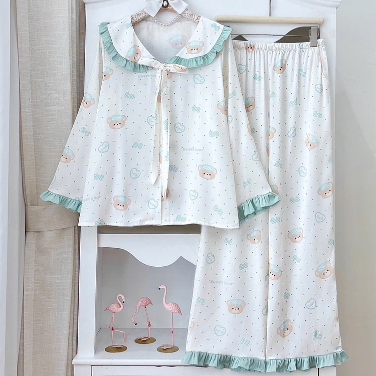 Premium Silk Blue Bear Ruffle Trim Pajama Set 1 count