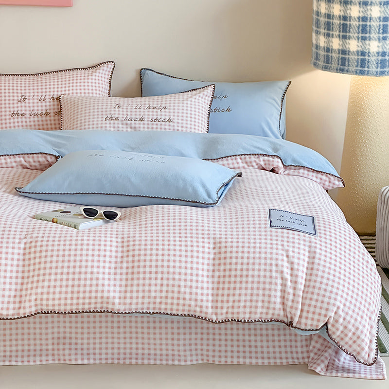 Fresh Gingham Bedding Set Pink Blue-Queen 2000 g