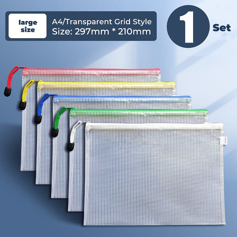 A4 Multicolor Transparent Zipper Document Bag Set 5 count