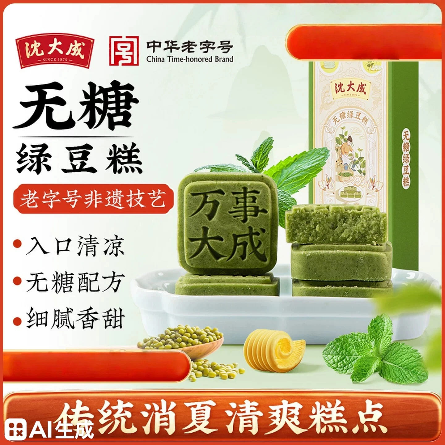 [Shen Dacheng]Sugar-free Mung Bean Cake, Mint Flav 60 g
