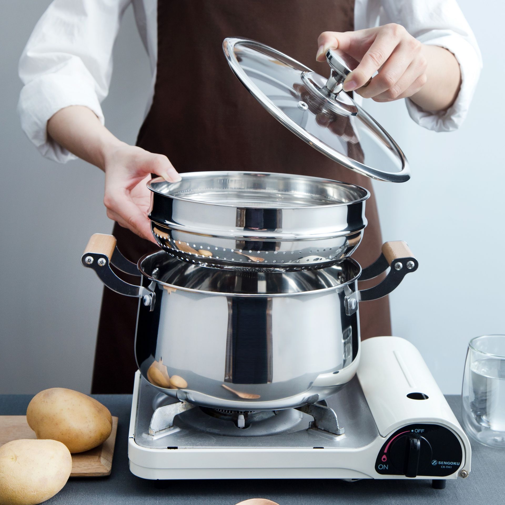 2-layer 12.6 inch stainless steel steamer set, with wooden handle 1 ส่วน