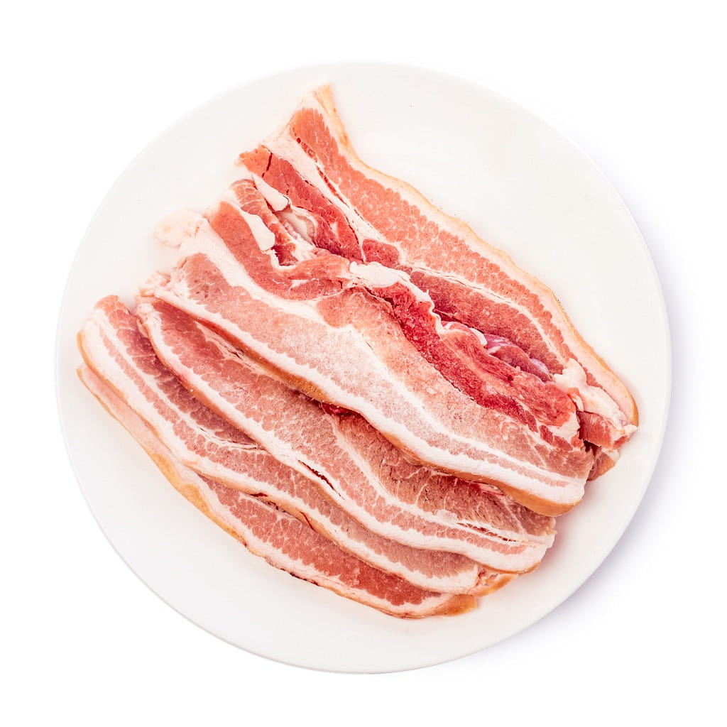 Denmark Sliced Pork Belly Skin On, 8mm, Frozen 2 lb