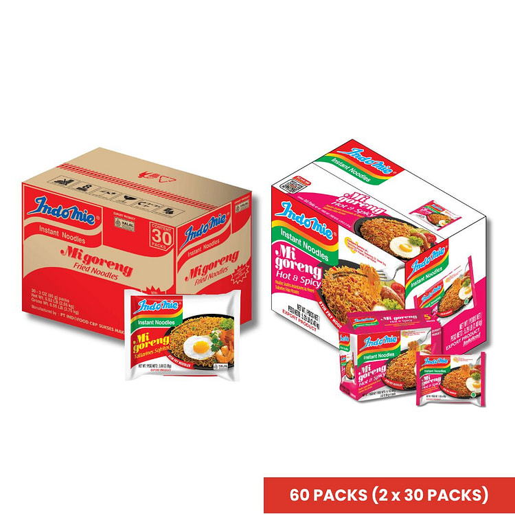 Indomie Original  & 30 Hot and Spicy Flavor Noodle 1 count*60 pack