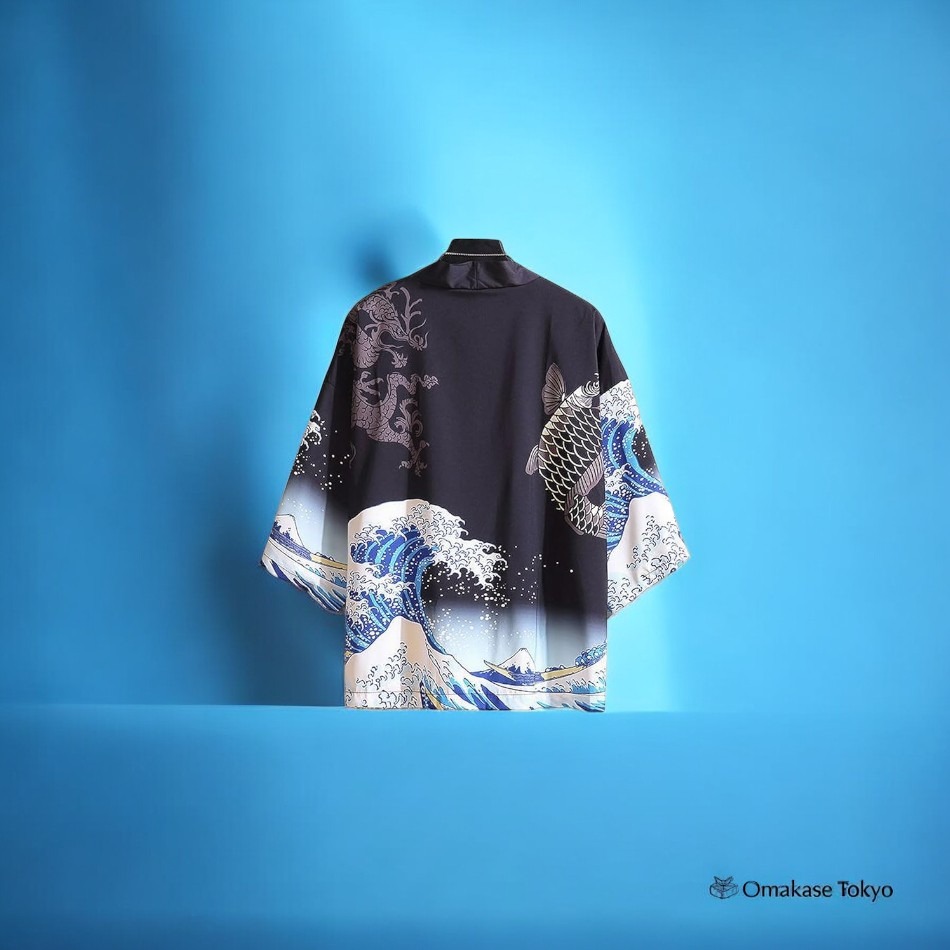 Happi Kimono Jacket-Wave Koi Black 360 g