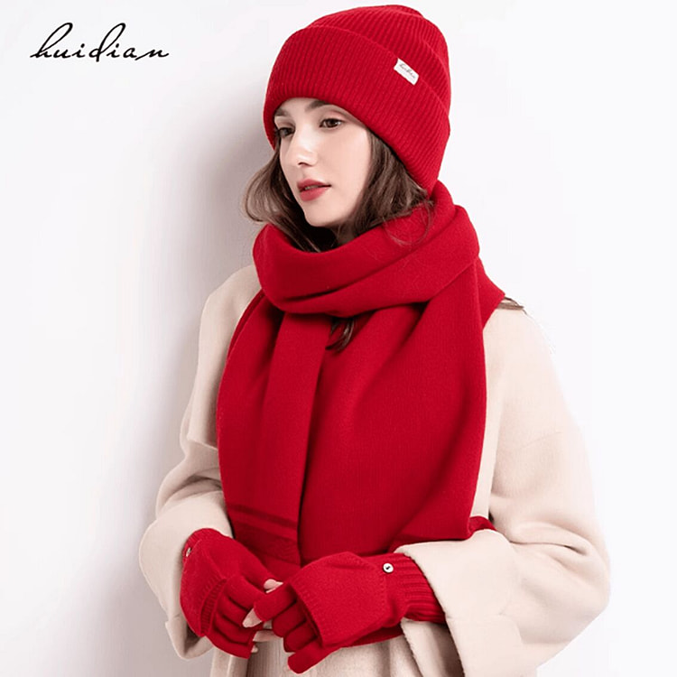 纯羊毛女士围巾帽子手套红色 1 盒