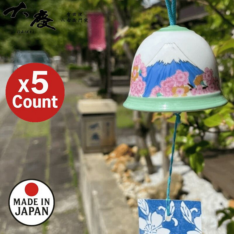 Arita Wind Chime Sakura Blue Fuji Boxed 5 Count