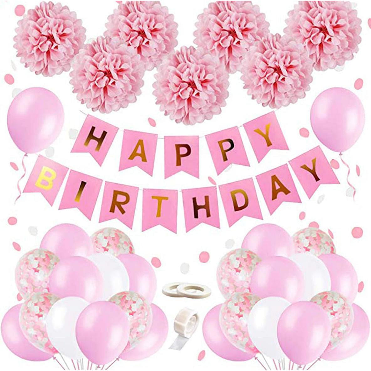 Pink Party Decorations Happy Birthday Confetti Balloons with Banner,Tissue Paper Pompoms and Pink Balloons 1 each