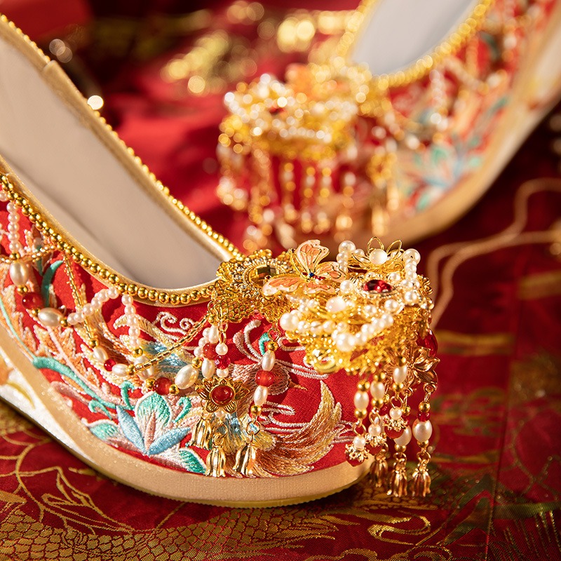 Get Chinese Wedding Shoes Ancient Style Increase Red Embroidered Shoes 36  Size Delivered | Weee! Asian Market