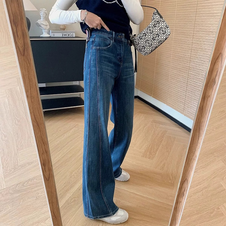 春季新款深蓝色弹力大码阔腿牛仔裤女