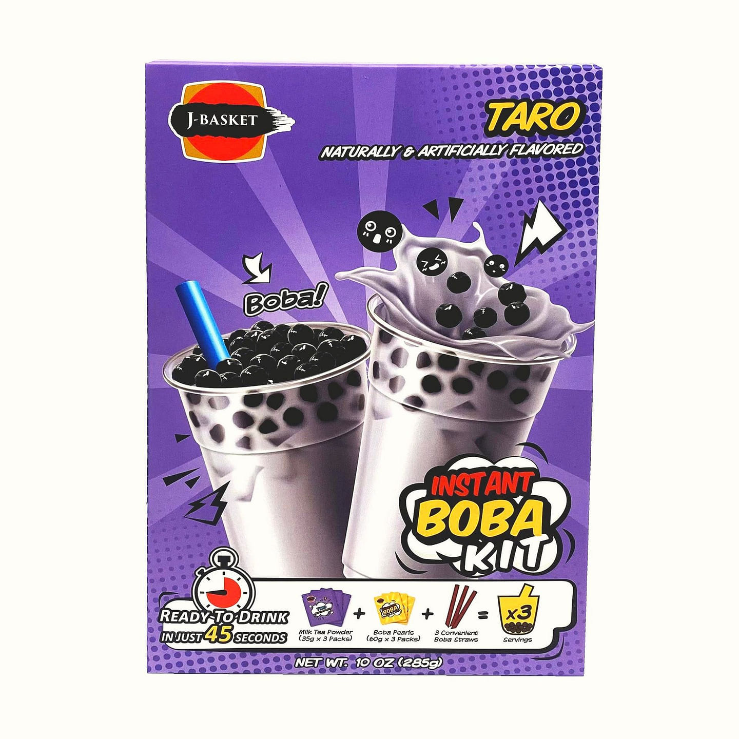 J-Basket Boba Bubble Tea Kit: Taro Tea (3 cups) 10 oz