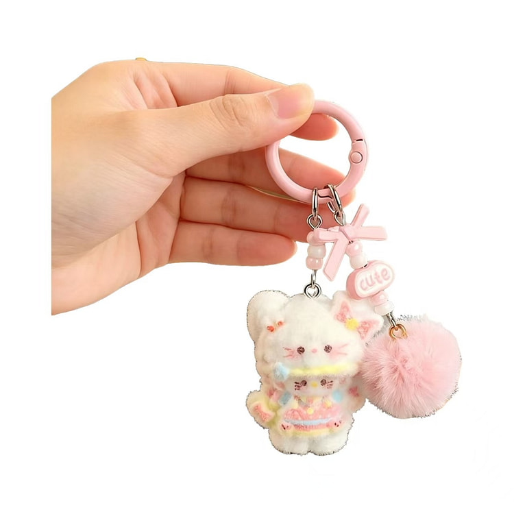 Flocked Bow Pompom Keychain Pink 1 1 count