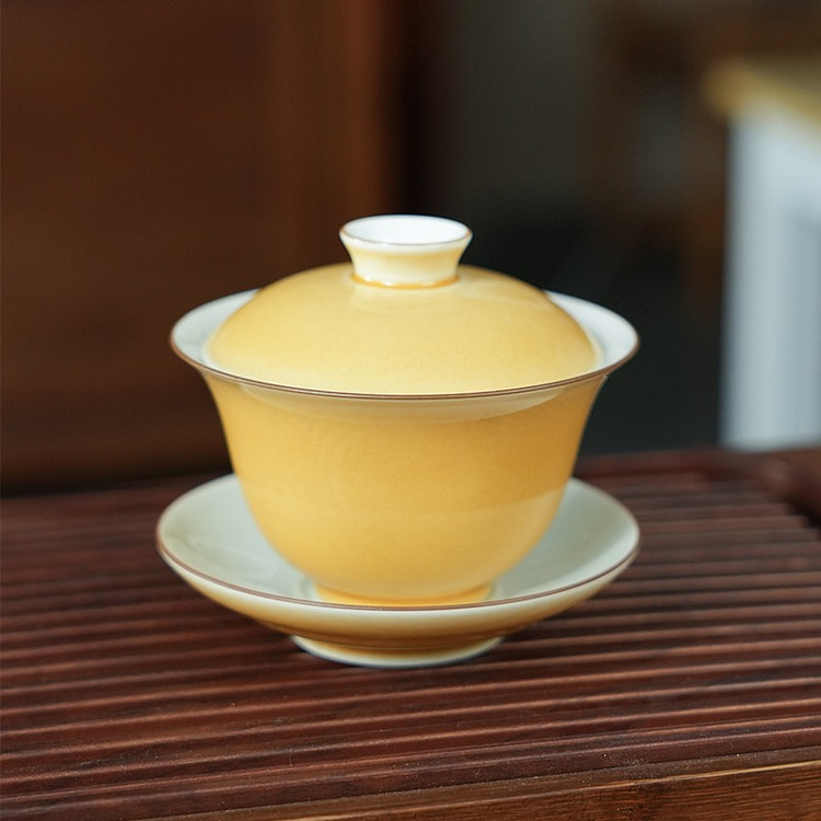 欢喜三才盖碗 黄色工夫茶具 润翠堂 泡茶叶神器