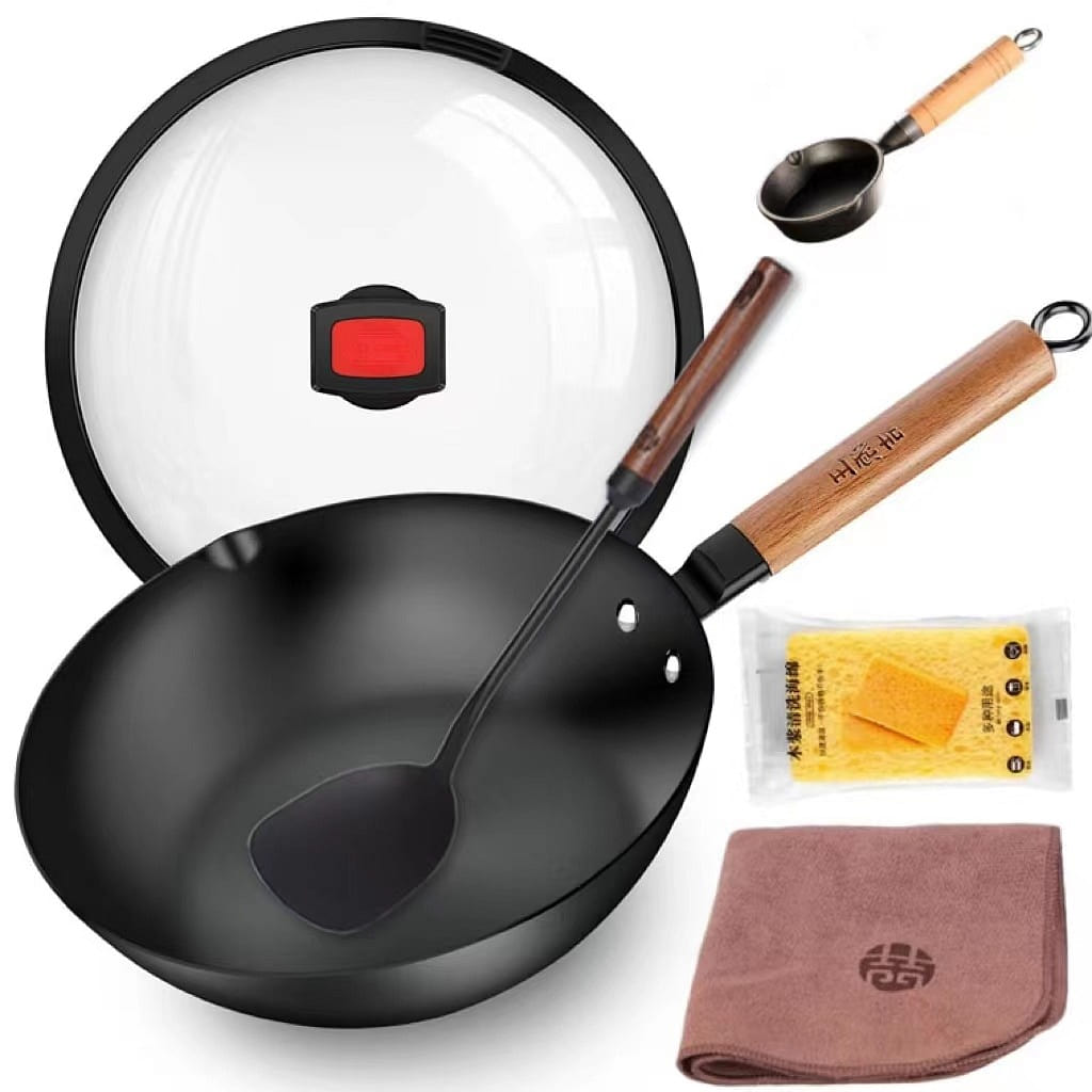 Free Poyou 2 in 1 Cast Iron Wok Flat Bottom Woks 1 개입