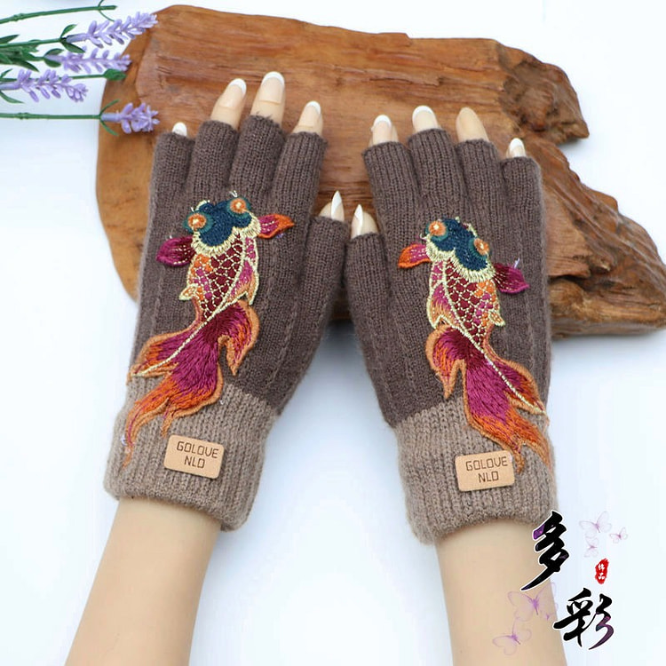 民族绣花 半指手套 女秋冬季毛线针织加厚 深灰色 1 个