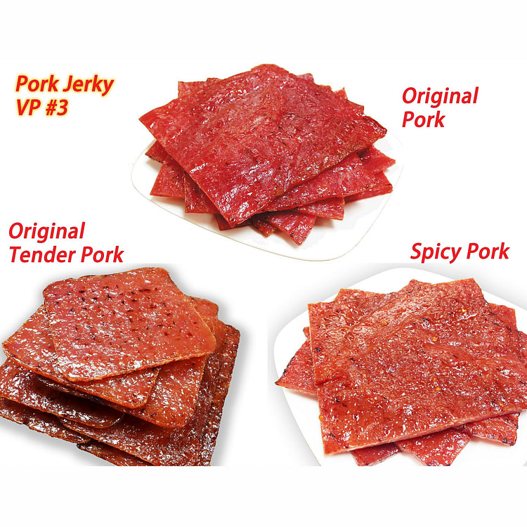 #3 现火烤猪肉干 (原味猪肉 4oz./原味娇嫩猪肉 4oz./辣味猪肉 4oz.)肉脯 3袋 共12oz