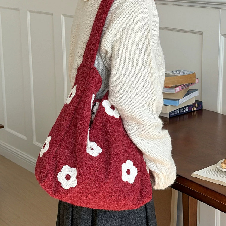 韩系花朵刺绣毛绒包包单肩水桶包 红色1份 1 份