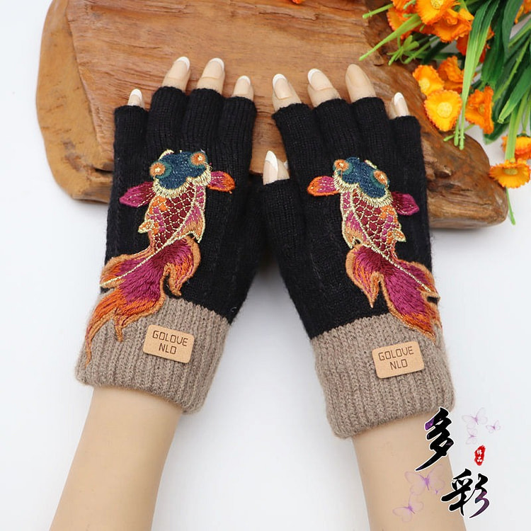 民族绣花 半指手套 女秋冬季毛线针织加厚 黑色 1 个