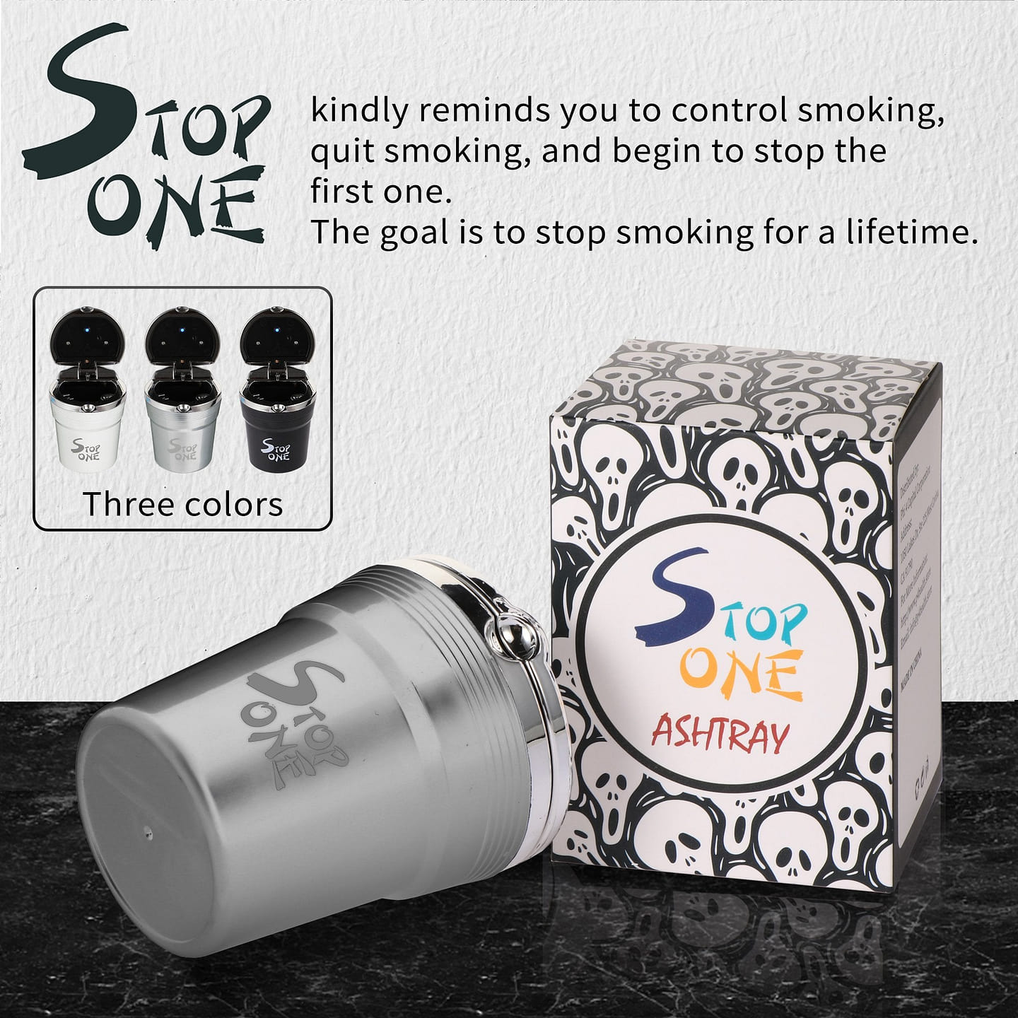 STOP ONE Car Ashtray, Portable Ashtray, CA-511 Auto Ash Tray with Lid and Led, Silver Silver 1 each