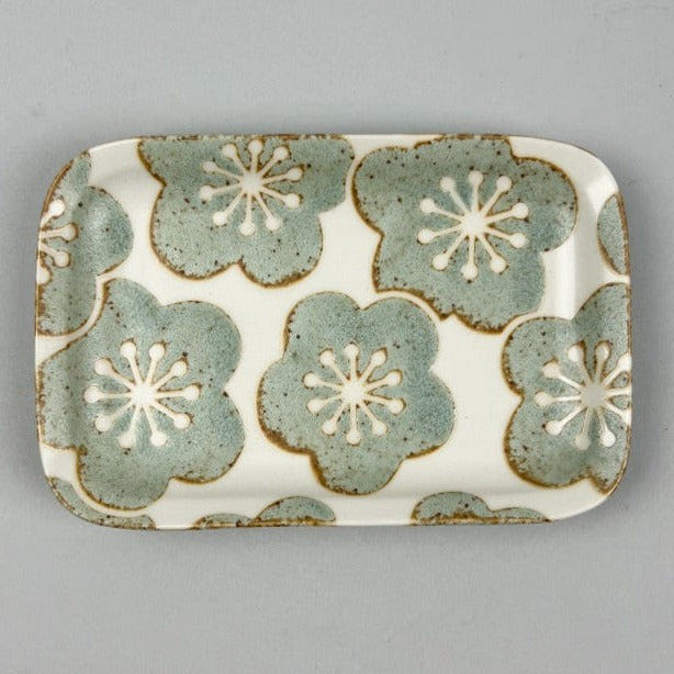 Made-in-Japan Hiwa Aqua Green Blossom Small Rectangle Plate, 6.5 wide 1 each