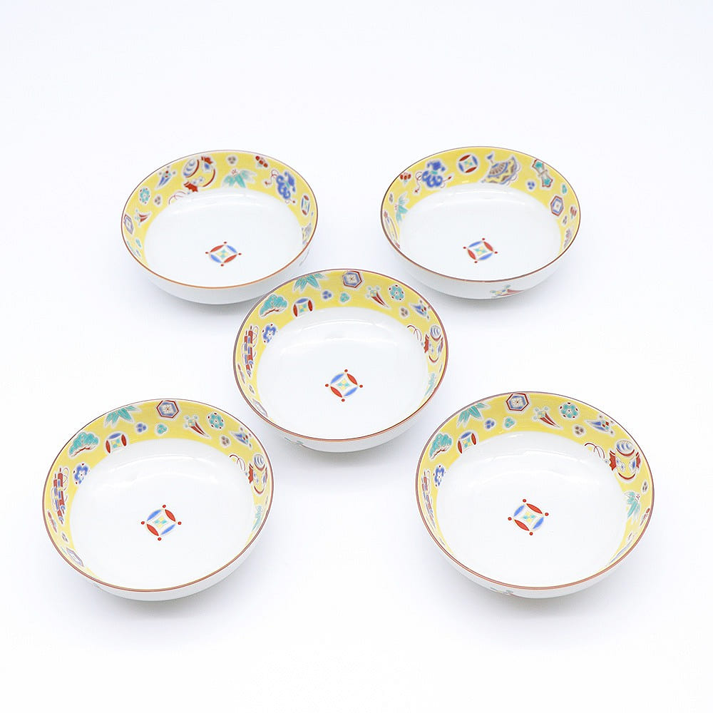 Kutani Ware Handmade Serving Bowl 5set (Yellow Takara, 4.80 x 4.80) Made in JP 1 each