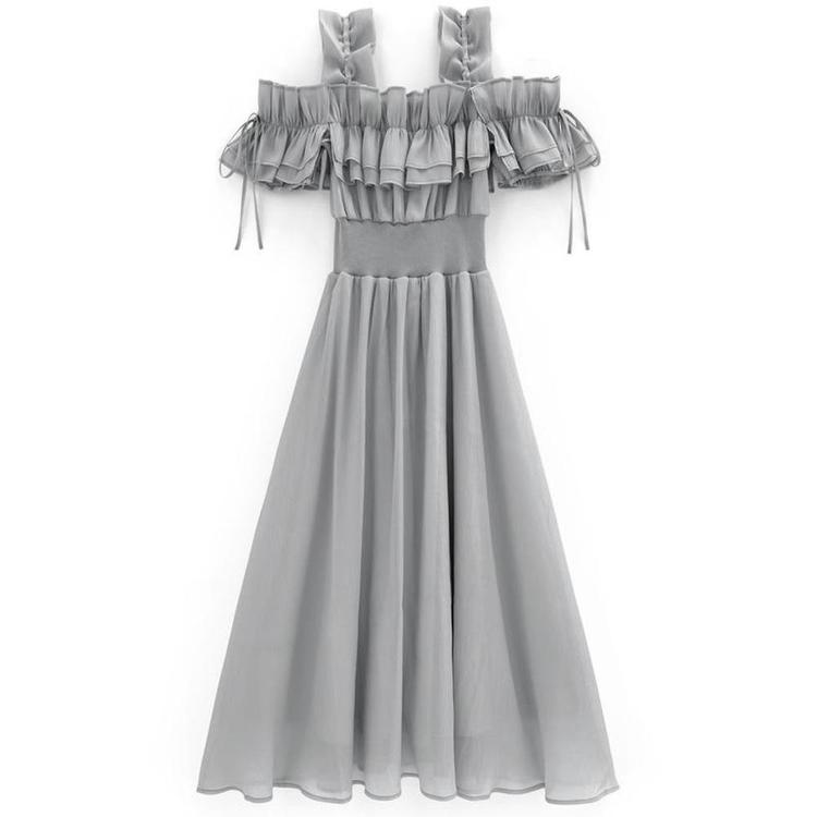Frida Off-Shoulder Waist Tie Dress Grey