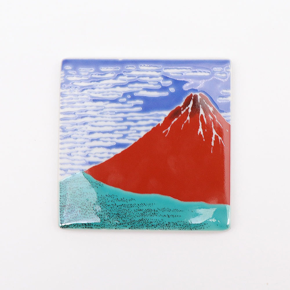 Kutani Ware Square Coaster (Hokusai Red Mt. Fuji, 3.54 x 3.54) Made in Japan 1 each