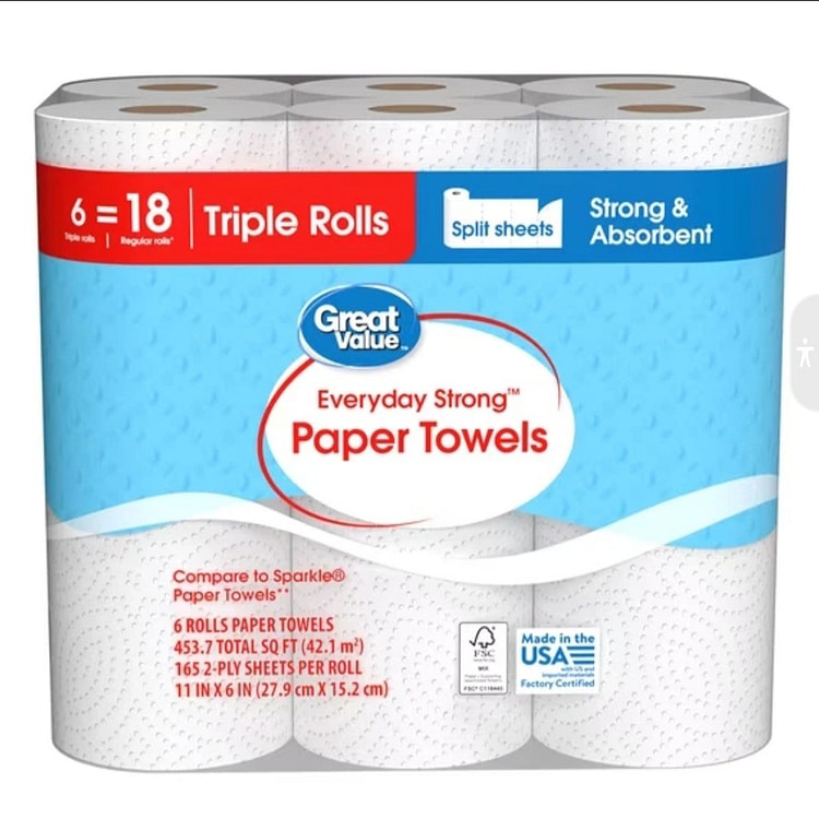 Great Value Everyday Strong Paper Towels, 6 Triple 1 box