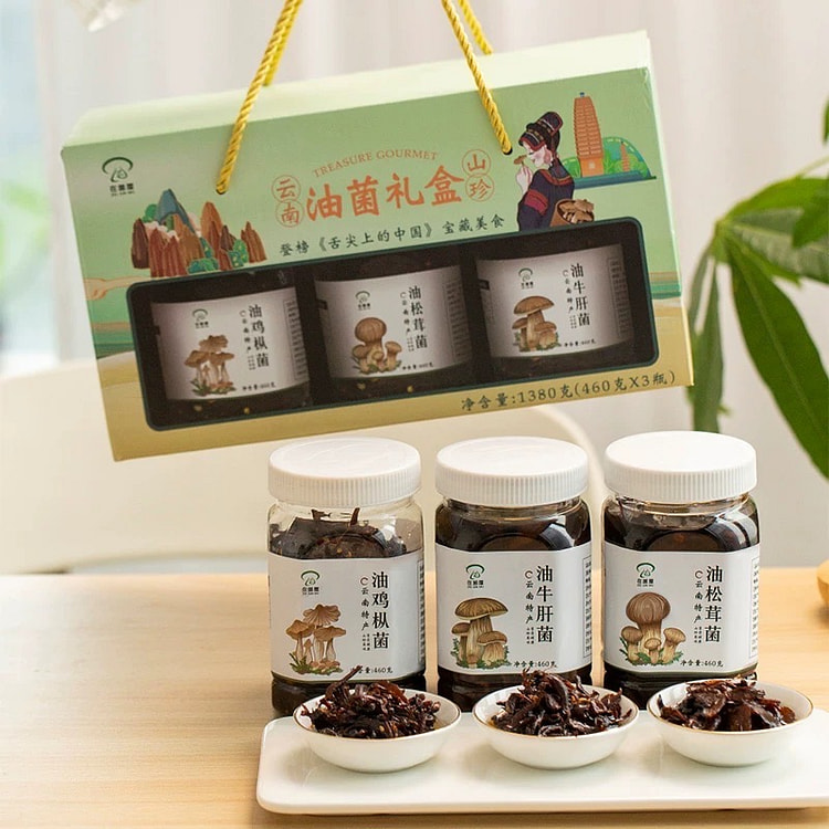 年货好礼_云南特产在菌屋山珍油菌礼盒松茸菌牛肝菌鸡枞菌即食拌面酱罐头460g*3