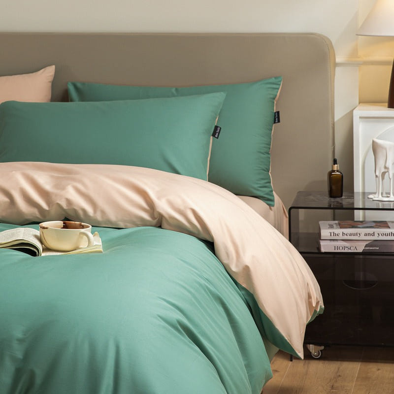 Bedding Set Queen Size Flat Sheetx1 Duvet Coverx1 Pillow Casex2 Green+PeachPink 1 each