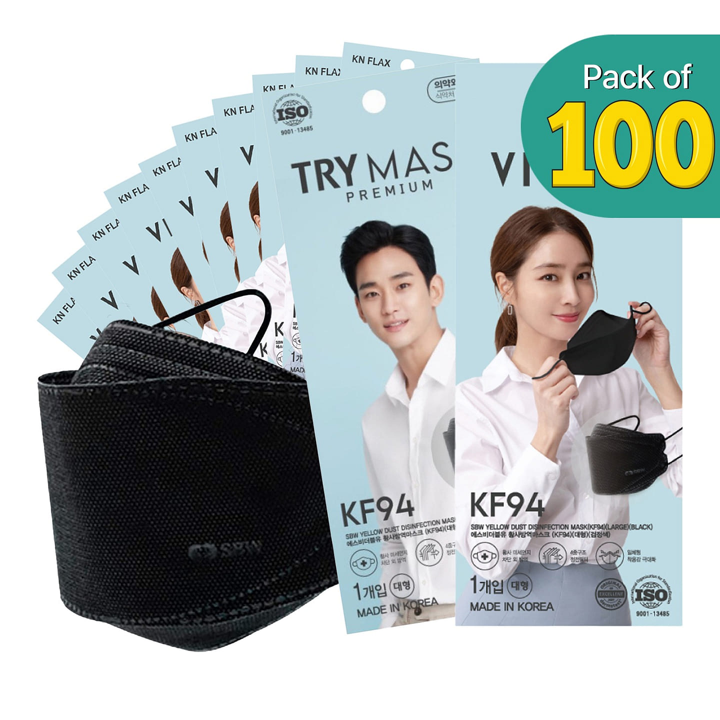 [100PCS] TRY KF94 BLK Premium Mask for Adult | Made in Korea 100 each
