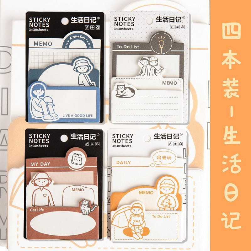Cartoon Sticky Notes Life Diary 4Pcs Random 1 each