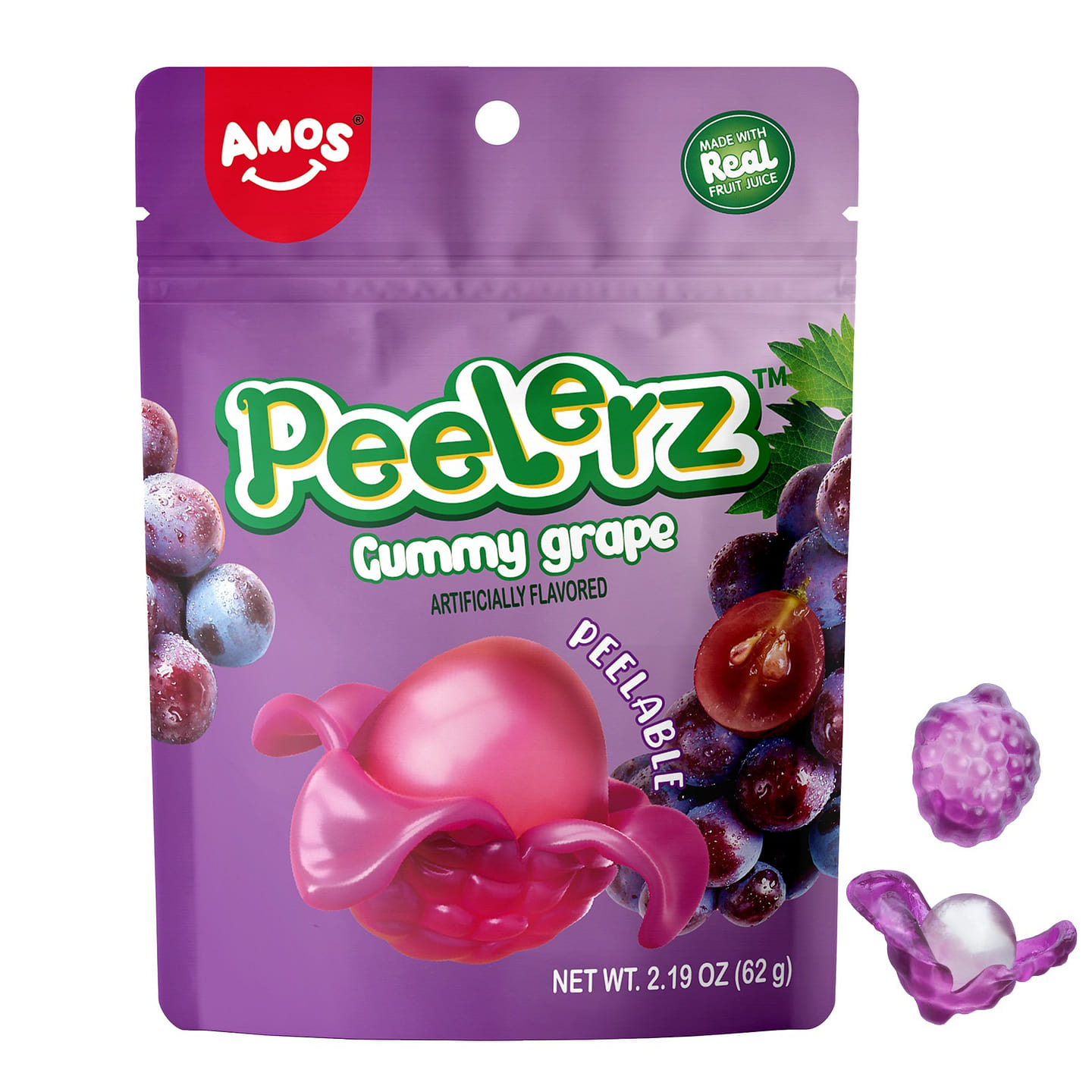 Amos Peelzer Gummy Grape Candy, Peelable Fruit Gummy Snacks Resealable(8 pack) 6.57 oz