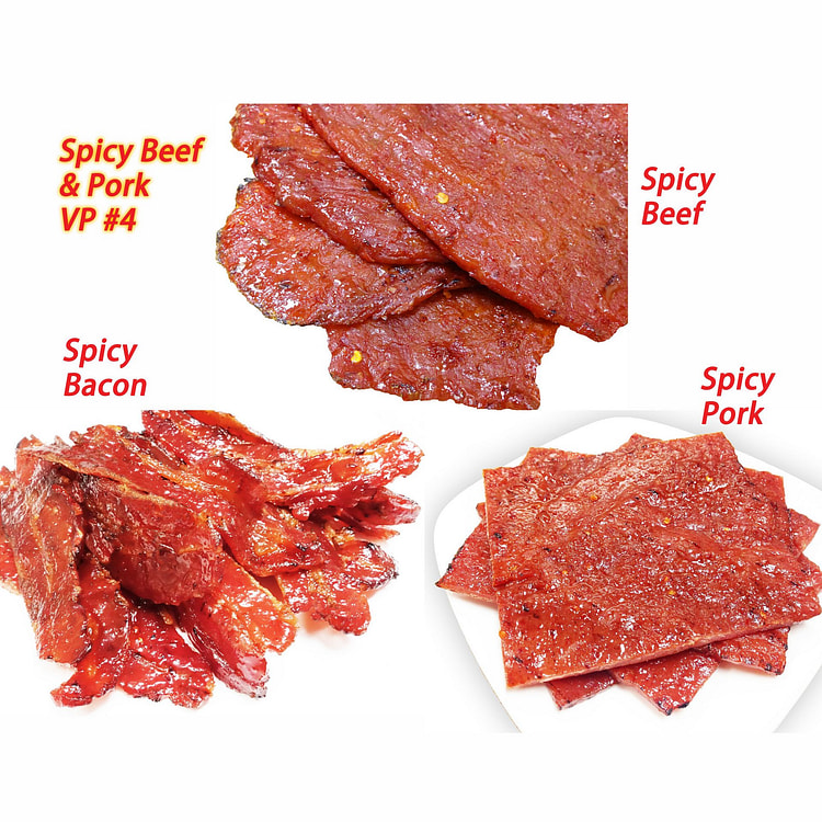 #4 现火烤辣味肉干 (辣味牛肉 4oz./辣味培根 4oz./辣味猪肉 4oz.)肉脯 3袋 共12oz