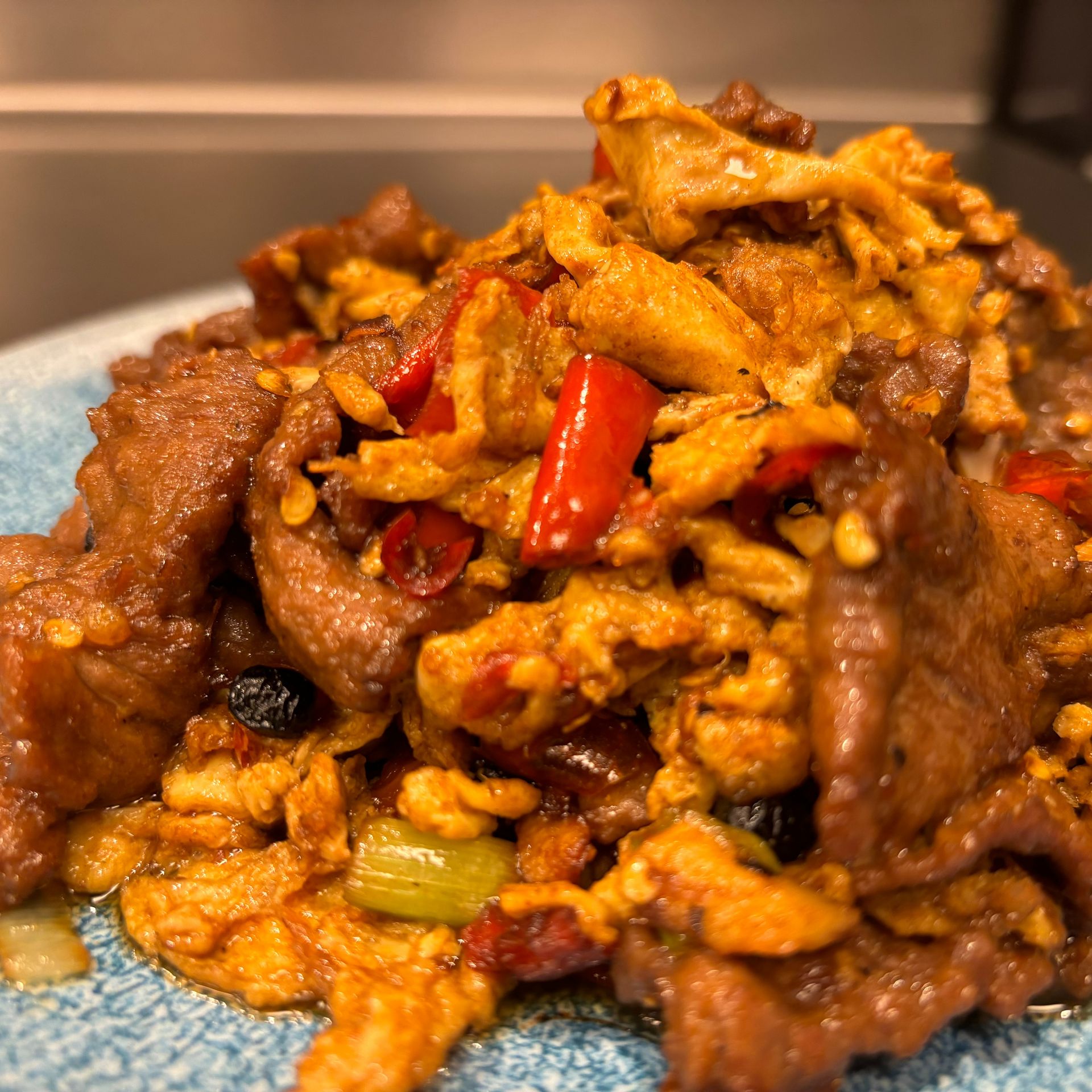 Get StirFried Beef with Chopped Chili Peppers and scramble egg 500g