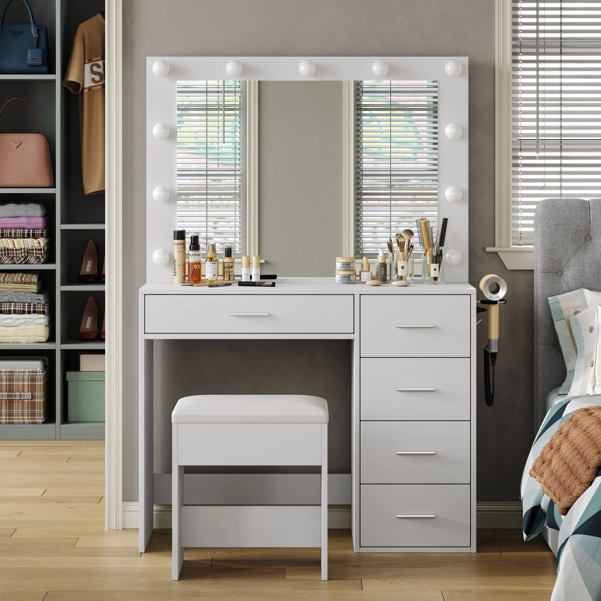 Minimalist Modern Makeup Desk with Adjustable LED 1 phần