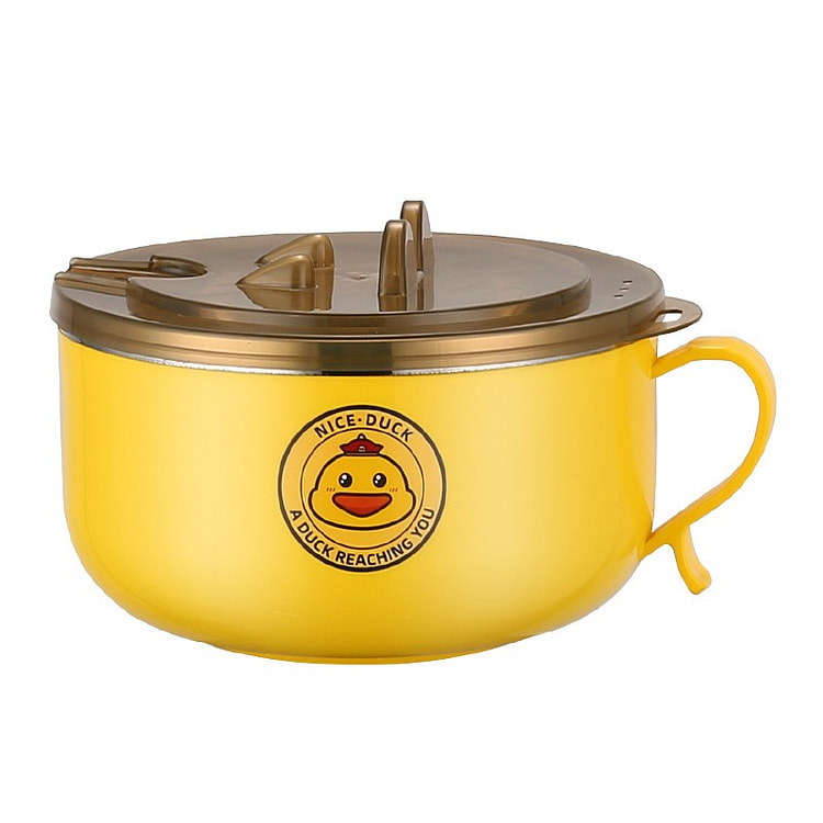 Cartoon 304 Stainless Steel Noodle Bowl with Drain Lid Yellow Duck 1000ML