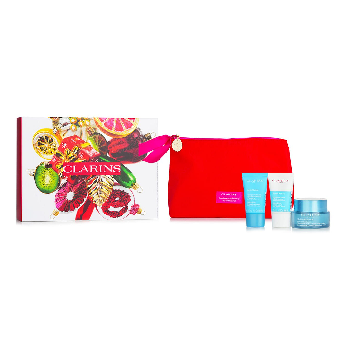 Clarins Hydra-Essentials Collection: Hydra-Essentiel Cream 50ml + Fresh Scrub 15ml + SOS Hydra Mask 15ml + Bag 3 bottle