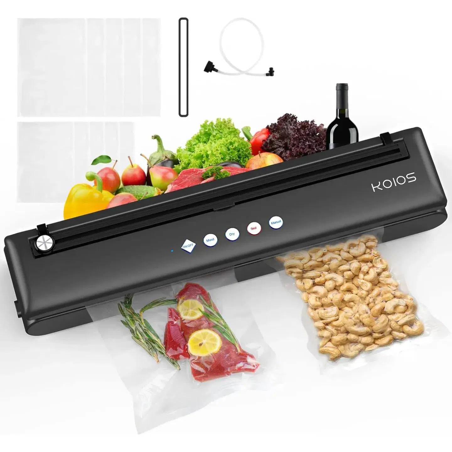 KOIOS Vacuum Sealer Machine, Automatic Food Sealer with Cutter, Dry & Moist Modes, Compact Design Powerful Suction Air Sealing System with 10 Sealing Bags & Air Suction Hose 1 each