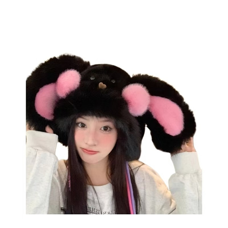 【中国直邮】 FOXTAIL 大耳兔帽子 可爱甜美保暖 卡通动物御寒雷锋帽百搭 大头围毛绒护耳帽 女 -黑色 1个