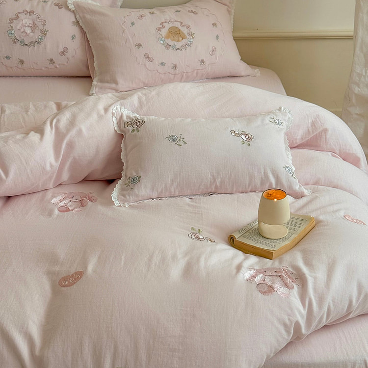 Cottagecore Bunny Bedding Set Pink-Queen 2000 g