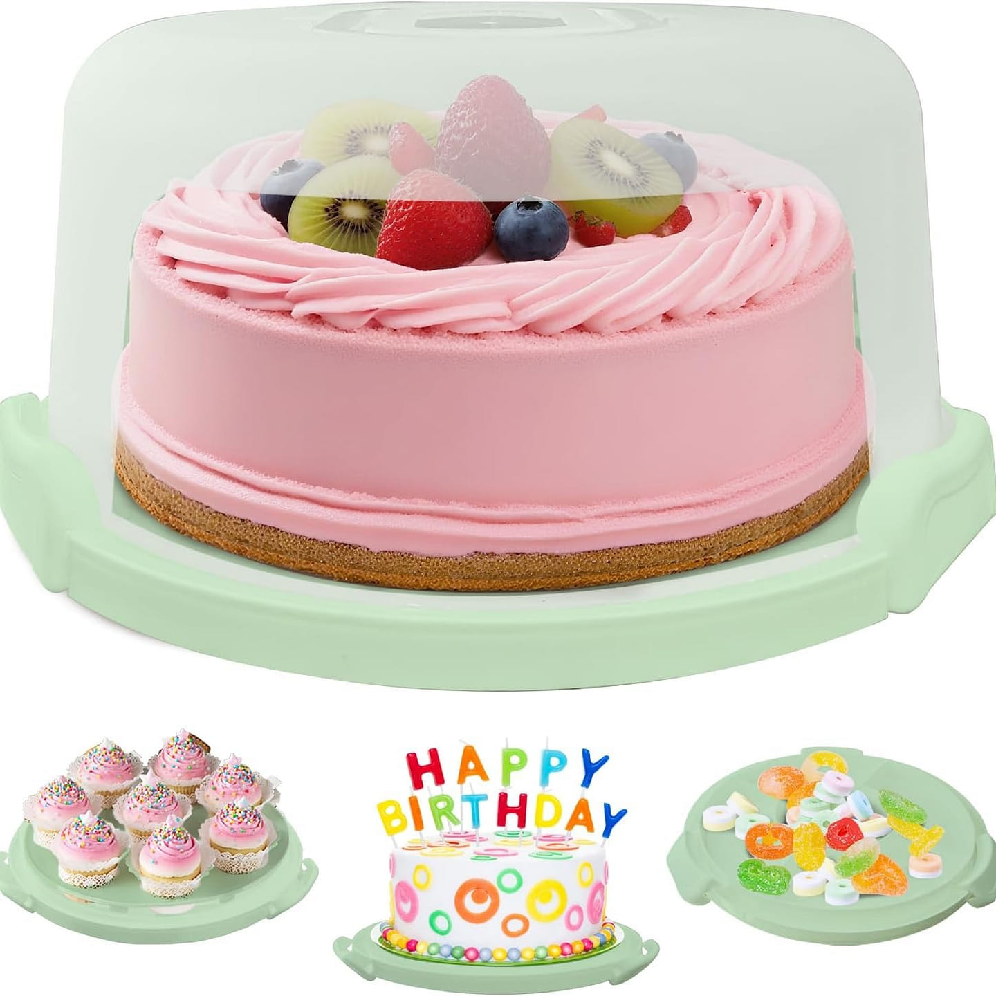 Green Plastic Cake Carrier with Lid and Handle, 1 count